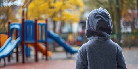Obraz premium a young boy wearing a hoodie stands in front of a slide at a playground 