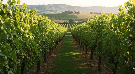 Naklejka premium Vineyard Rows: A Serene Landscape of Grapes