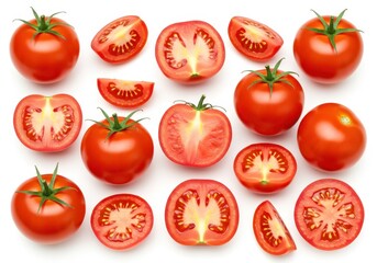 Fresh tomatoes whole and sliced on a white background, showing the vibrant red color