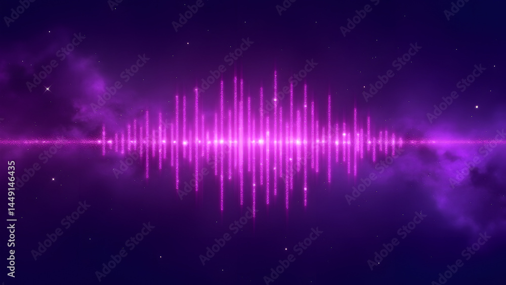 Poster cosmic soundwave with star-embedded bars on galaxy backdrop. ethereal audio visualization for dreamy