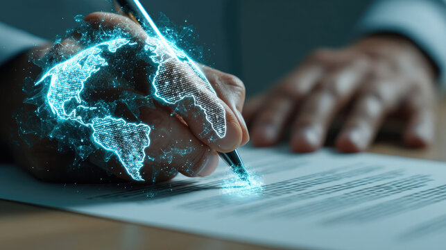 Global agreement being signed, digital world map superimposed.  Hands signing a document, overlayed with a glowing, interconnected world map