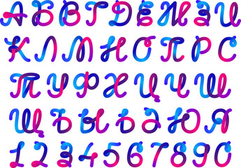 Pink gradient alphabet. Purple blue cursive letter ribbon, round swirl letters and numbers. Curved looped color lines, brush written bold script typeface. Flexible pipe trendy tube, fluid cord swirl