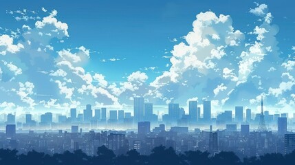 Cityscape with a Blue Sky and Fluffy Clouds