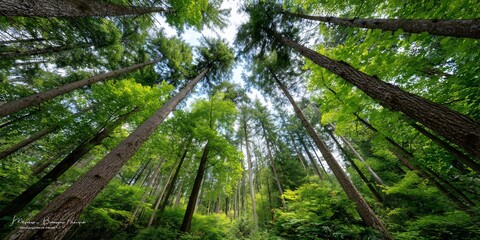 Lush forest canopy, looking up at tall trees, bright sunlight filtering through the leaves, possible use for nature, environmental, or travel stock photography