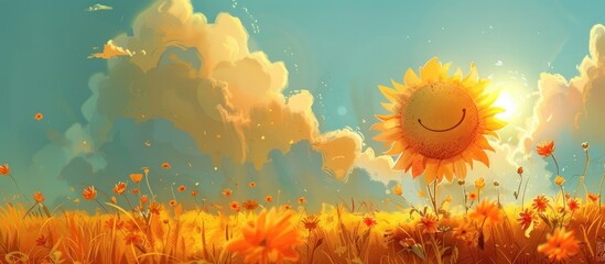Smiling Sunflower in a Field of Yellow Flowers