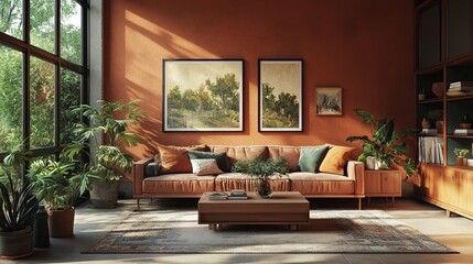 Cozy Living Room with Comfortable Couch and Stylish Coffee Table in a Warm and Inviting Atmosphere