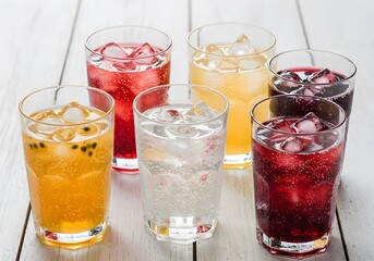 Refreshing Cold Drinks Assorted Fruit Sodas with Ice, Cocktails in Glassware for Summer Heat.