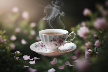 A white tea cup with a floral design sits on a saucer in a garden