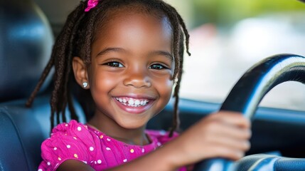 Happy toddler girl pretends to drive a car holding steering wheel. Use for content about childhood, dreams, or family road trip.