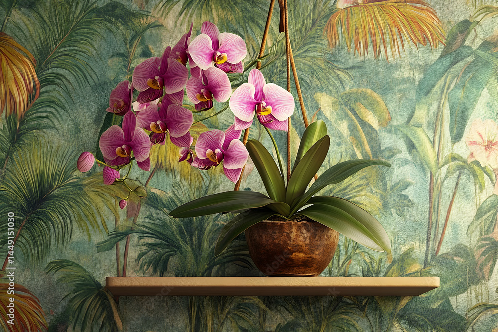 Poster orchids displayed on a shelf against a tropical backdrop.