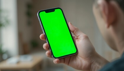 hand holding green screen smartphone with blurry indoor background. to add text or content
