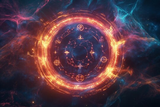 Mystical horoscope circle with glowing astrological zodiac symbols, surrounded by cosmic energy waves and nebula-like patterns, radiating the power of the universe in deep space.