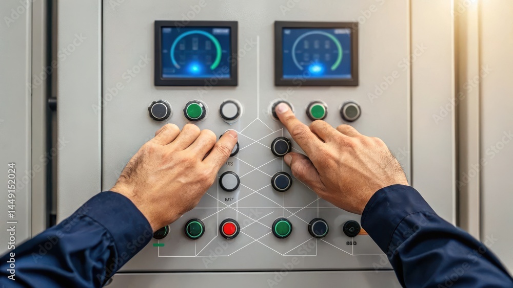 Aufkleber hands operating a control panel with buttons and displays, often used in industrial settings for mac