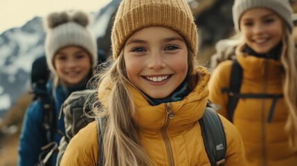 Three girls, smiling and hiking in mountains