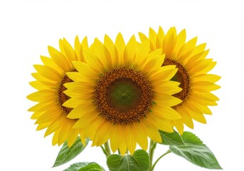 Obraz premium A trio of bright yellow sunflowers with green leaves isolated on a white background