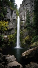 Majestic waterfall cascading down rocky cliff face in lush forest, featuring a tranquil pool at the base, perfect for nature photography or travel brochures