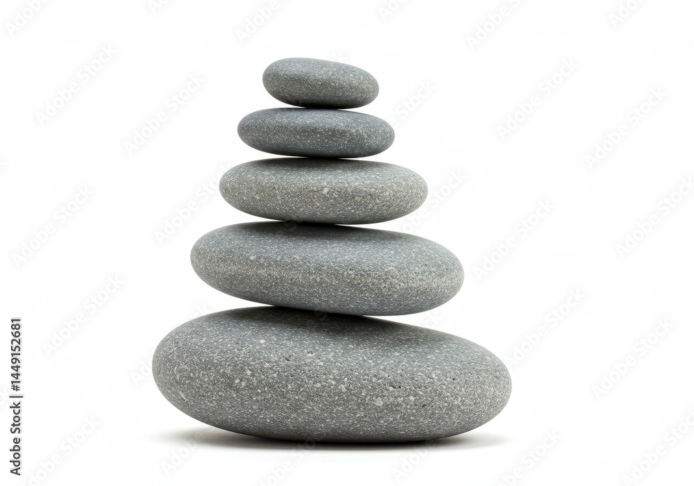 Poster stack of five smooth gray stones balanced on top of each other on a white background in a studio set