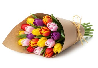 Colorful tulips bouquet wrapped in brown paper with a raffia bow on a white background