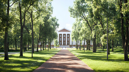 Obraz premium Sunny Park Path Leads To Classic Building