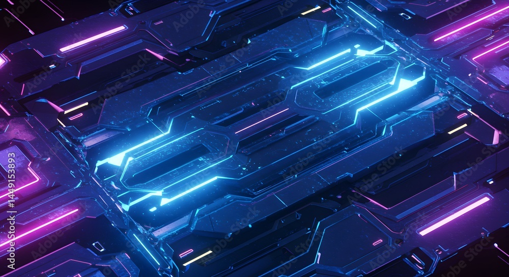 Poster abstract futuristic technology background glowing neon lines and geometric shapes in cyberpunk style