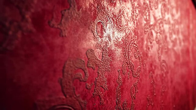 Deep red textured surface with embossed, ornate pattern