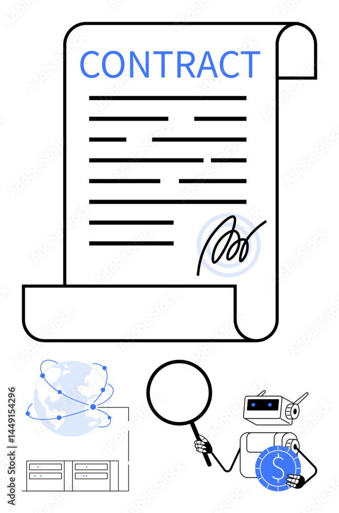 Poster scrolled contract with signature, robot analyzing with magnifying glass, data storage, and global ne