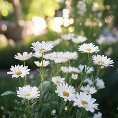 Fototapeta premium Beautiful Arrangement of Delicate White Flowers in Lush Garden Setting Evoking Peaceful Tranquility