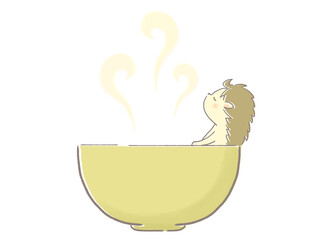 お椀に入っているハリネズミのイラスト