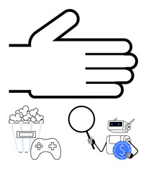 Large outlined hand over icons of gaming console, popcorn, magnifying glass, robot, and coin. Ideal for leisure, discovery, technology finance teamwork creativity and media. Flat simple metaphor