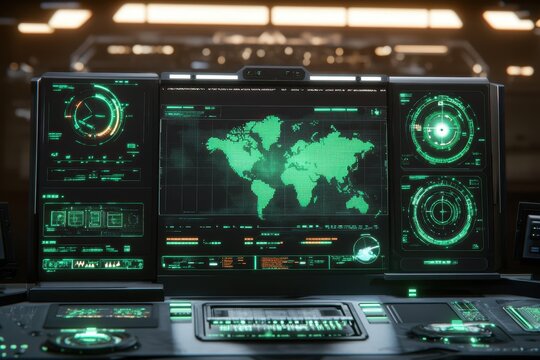 Futuristic control panel with multiple screens displaying global map and various data.  Detailed graphic interface showcases technical information - Powered by Adobe