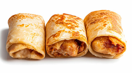 Three Golden Brown Rolled Crepes With Filling On White Background