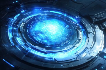 Complex, futuristic, glowing, circular, technological interface