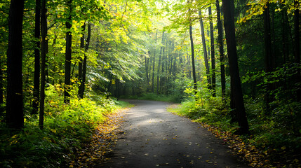 Obraz premium Sunlit Forest Pathway With Autumn Leaves