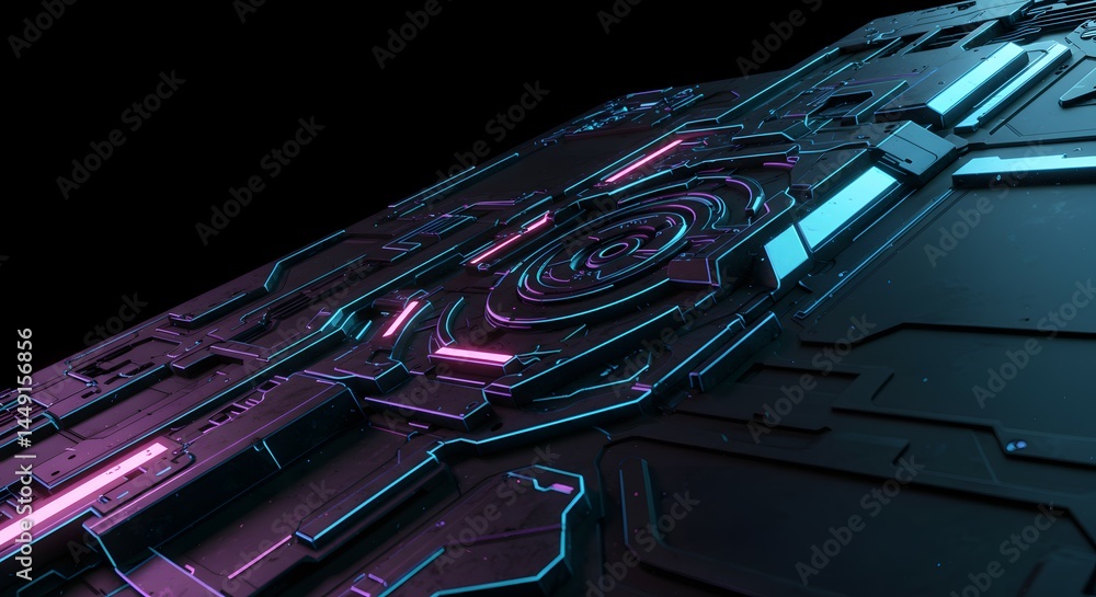 Aufkleber futuristic technology panel abstract cyberpunk design with neon lights and circuitry details - high-