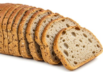 Close up of sliced seeded bread loaf with visible texture and air pockets on a white background
