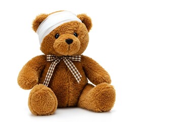 Obraz premium A teddy bear with a bandage on its head and a bow tie sitting on a white background looking cute