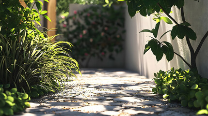Sunlight Drenched Garden Path With Lush Plants