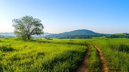 Fototapeta premium Green Field With Path And Tree Under Sunny Sky