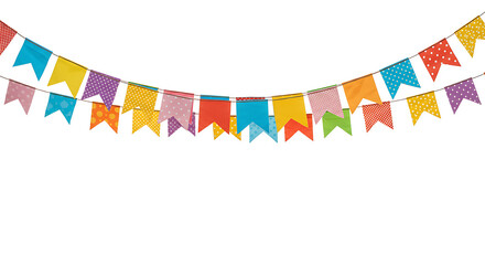 Fototapeta premium Colorful paper flags bunting arranged in a semicircle, isolated on white background, used in Festa Junina decorations