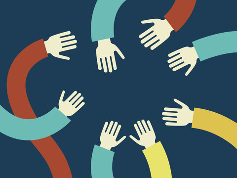 Interwoven hands stretching in blue studio