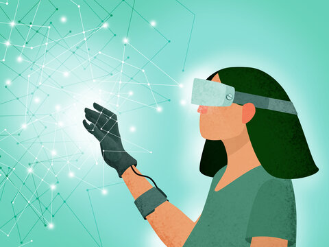 Female using VR headset glasses in studio