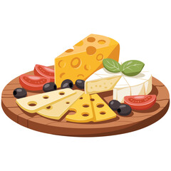 Wooden cheese platter with assorted varieties isolated vector illustration on white background