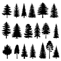 Collection of Pine and Evergreen Tree Silhouettes – Black Vector Trees in Various Shapes