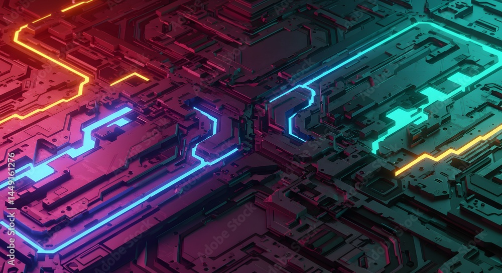 Poster abstract neon circuit board design futuristic technology background with glowing lines and complex p