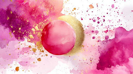 Abstract watercolor design with pink and gold