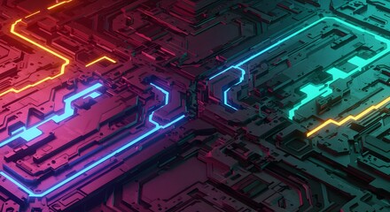 Fototapeta premium Abstract Neon Circuit Board Design Futuristic Technology Background with Glowing Lines and Complex Pathways
