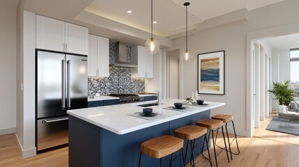 Modern kitchen island, contemporary apartment, light-filled, spacious, ideal for showcasing interior design, showcasing modern living