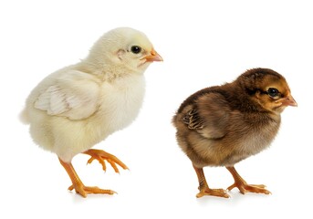 Obraz premium Two chicks standing on a white background one is yellow and the other is brown in color isolated shot