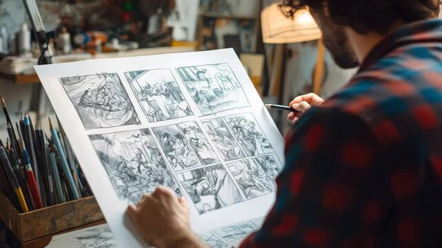 Artist Creating Comic Book Pages in Colorful Studio Environment