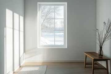 Bright, minimalist room with large window. Sunlight casts shadows on light beige walls and wooden floors.  A small wooden bench sits near the window. Dried plants are in a vase